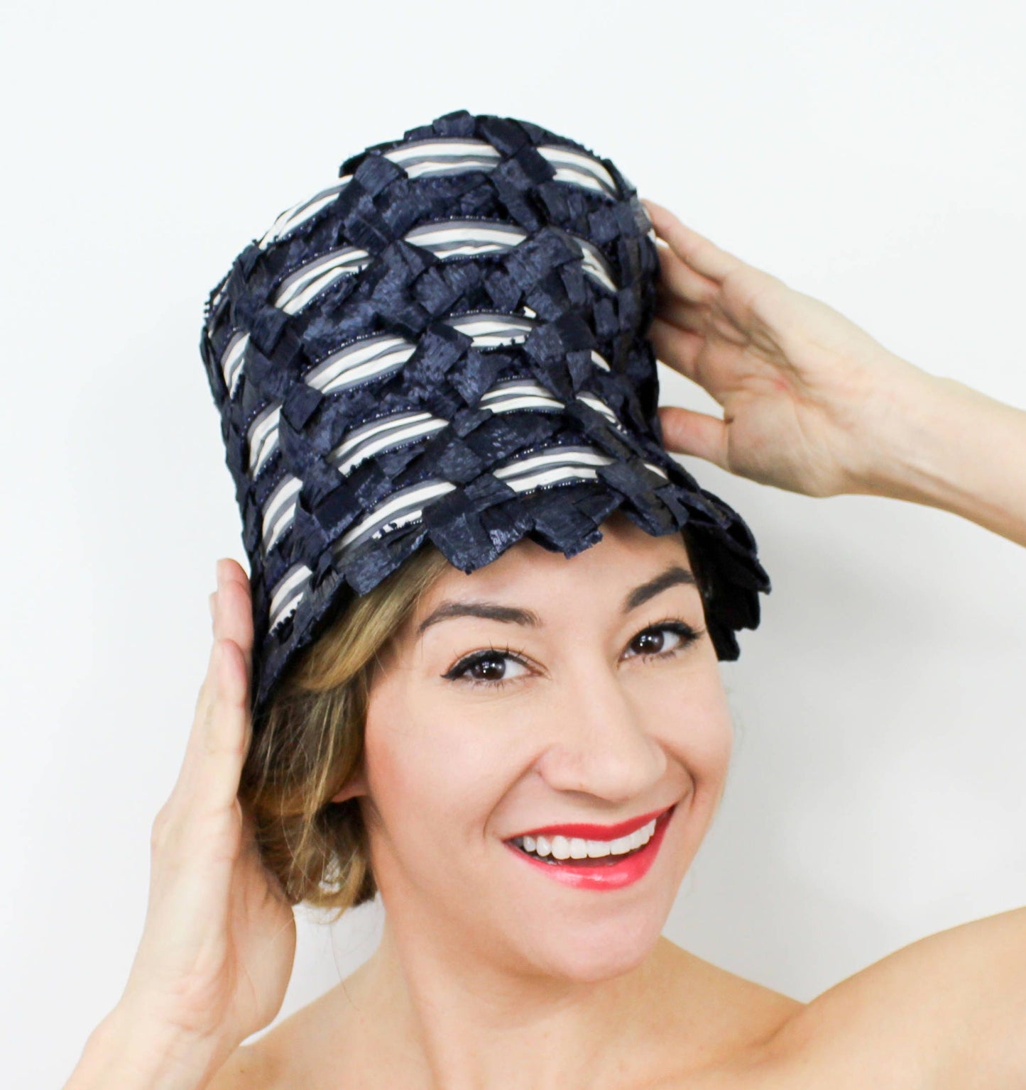 1960s Mr. John Jr. Navy Raffia High Crown Hat