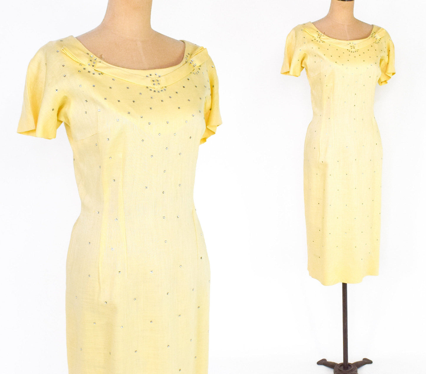 1950s Yellow Linen Sheath | 50s Rhinestone Studded Yellow Dress | Original by Parnes Feinstein | Large