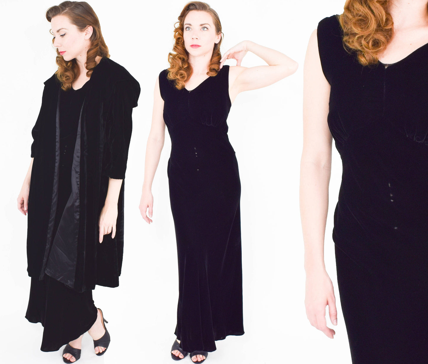 1940s Black Silk Velvet Gown & Coat | 40s Black Silk Velvet Bias Cut Dress Coat Set | Old Hollywood | California | Small