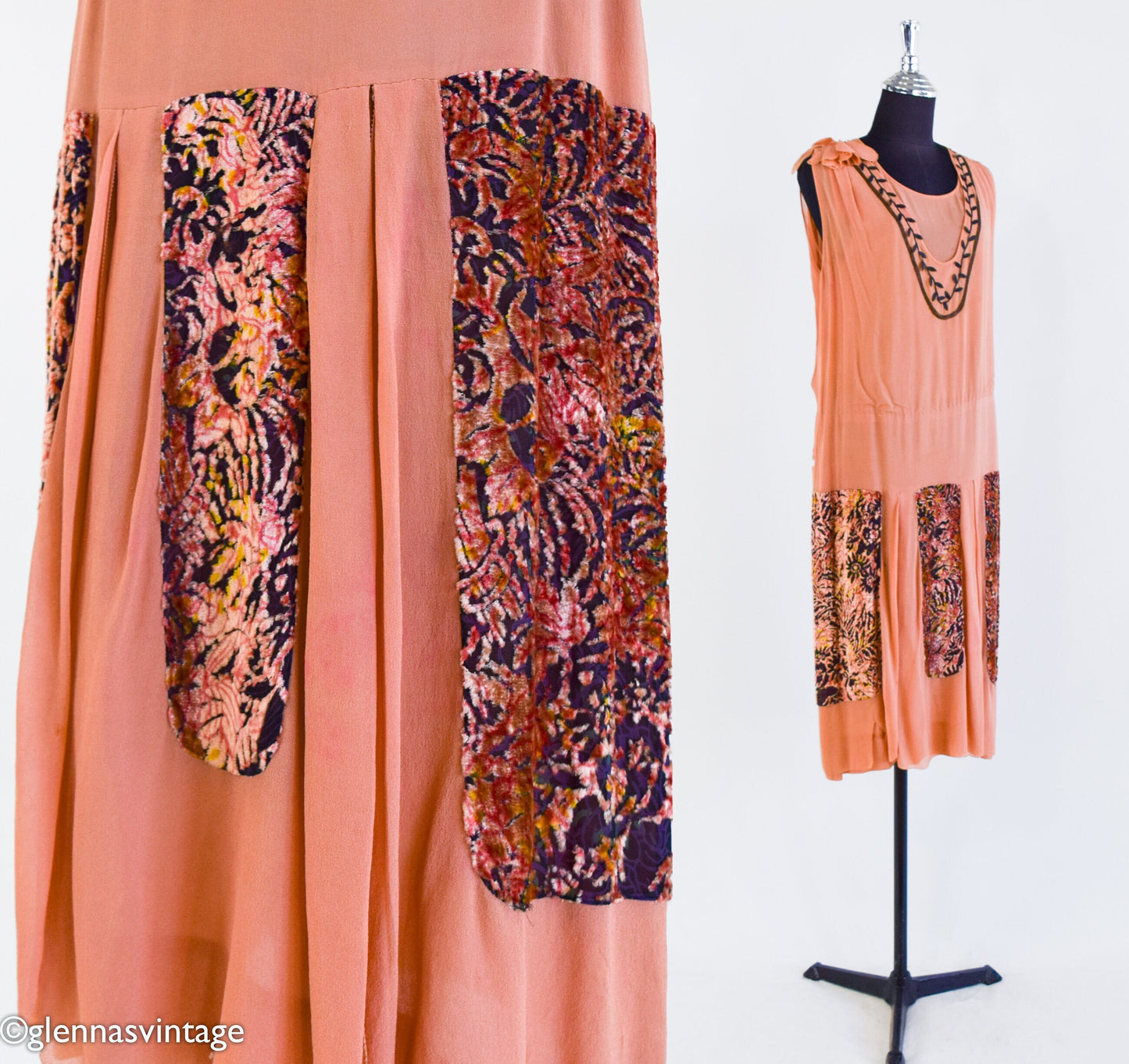 1920s Orange Silk Flapper Dress with Burnout Velvet Panels, Medium