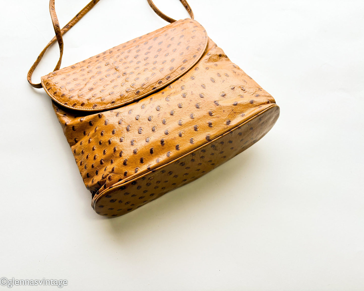 1980s Ostrich Embossed Leather Shoulder Bag | 80s Ostrich Carmel Leather Purse