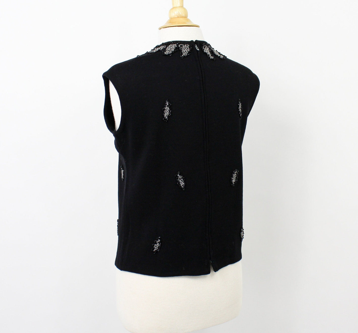 1960s Black Sleeveless Sweater | 60s Black Wool Beaded Top | Medium
