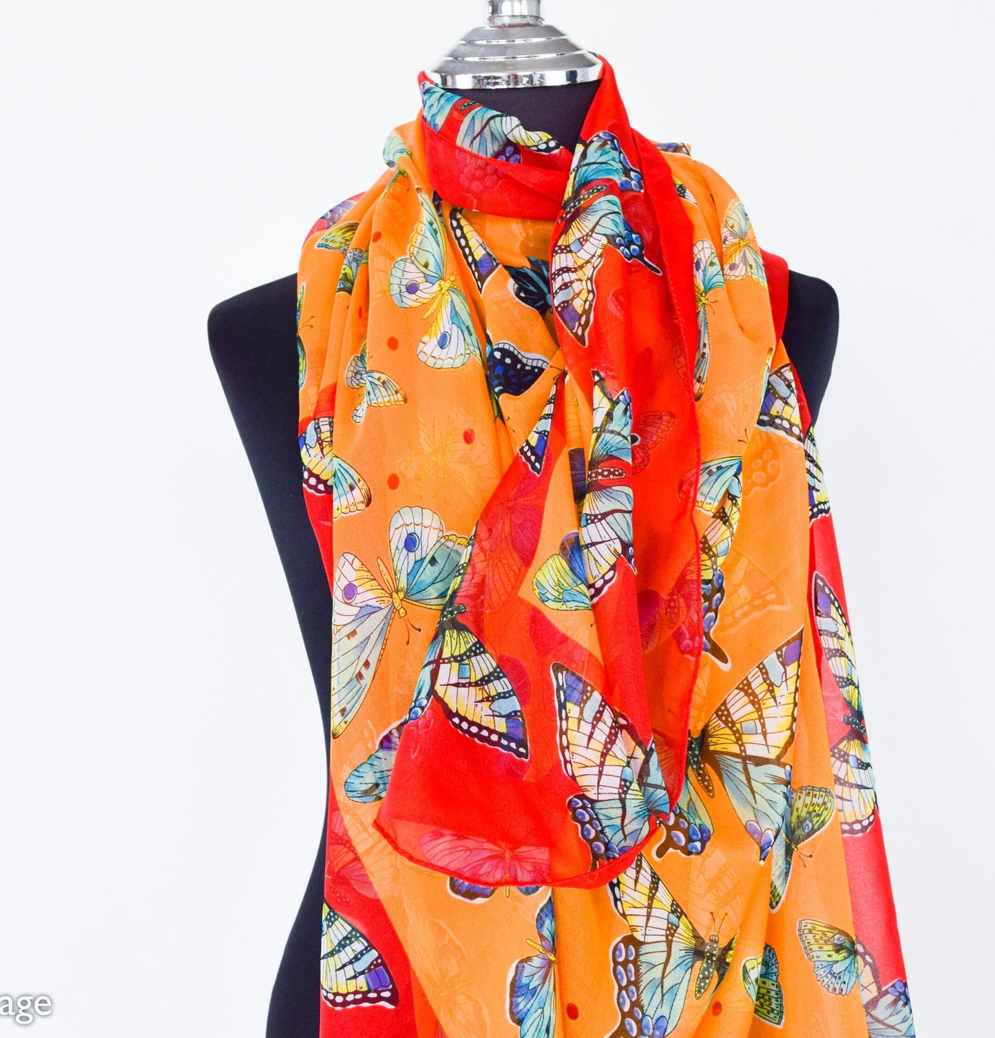 1980s Butterfly Chiffon Scarf | 80s Orange & Red Sheer Butterfly Scarf | Butterfly Museum