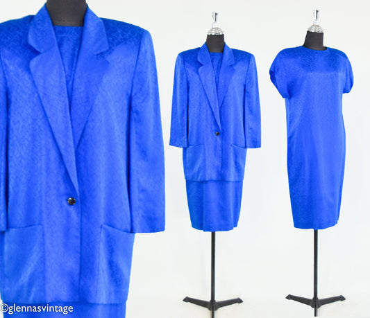 1980s Royal Blue Silk Dress Suit, Liz Claiborne, Petites Size 4