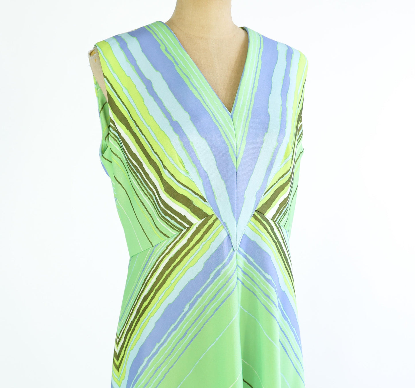 1970s Green & Blue Chevron Striped Maxi, 34" Waist