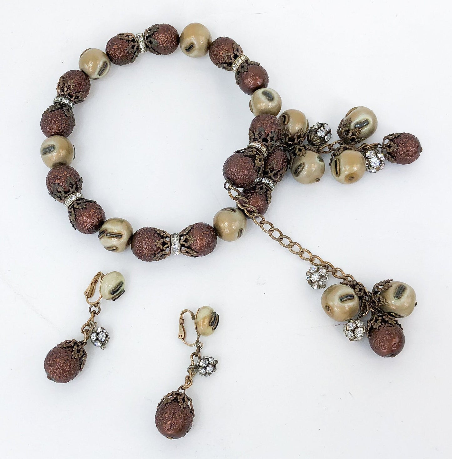 1950s Copper Bead Choker and Clip Earring Jewelry Set