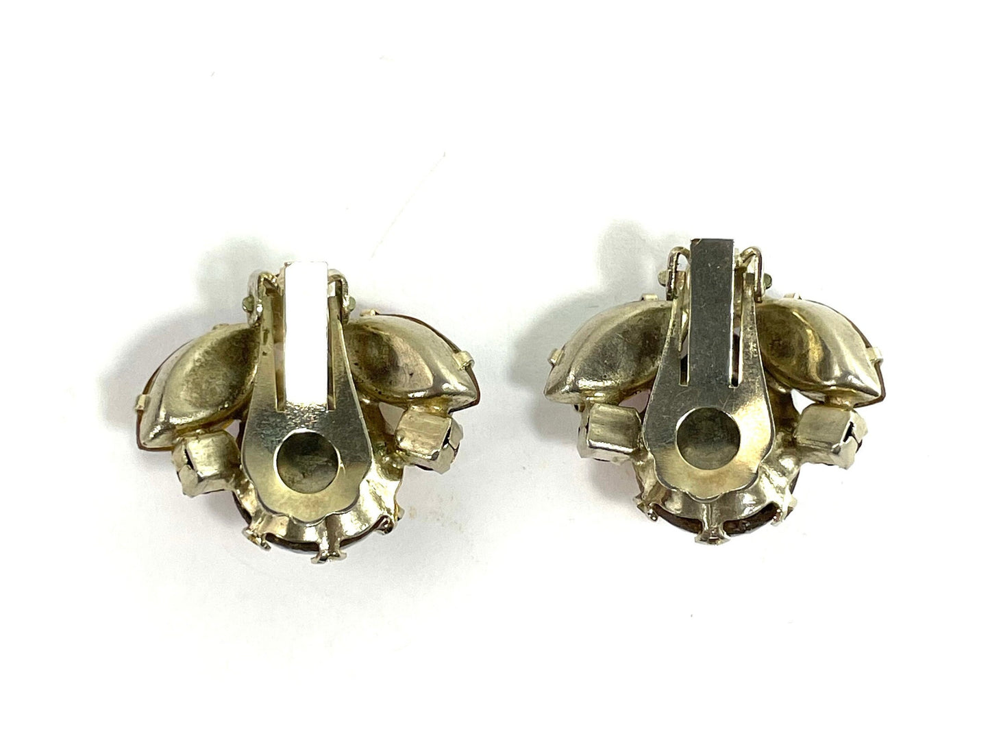1950s Gold Glass Earrings | 50s Handset Rhinestone Foiled Glass Clip On Earrings