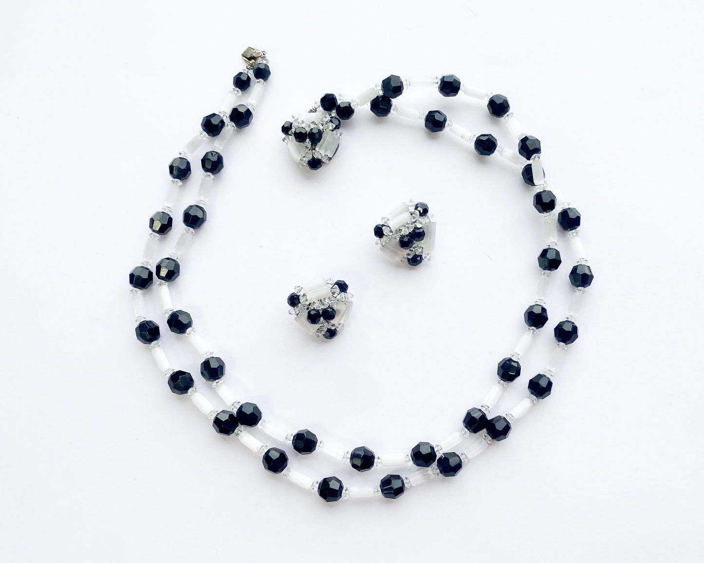 1960s Black & White Crystal Necklace Set | Black White Crystal Necklace Earrings