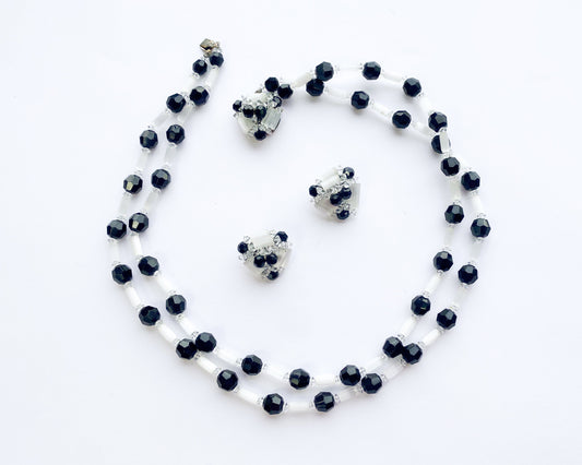 1960s Black & White Crystal Necklace Set | Black White Crystal Necklace Earrings