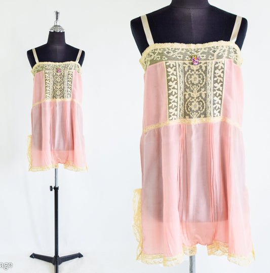 1920s Pink Silk Romper Lingerie, Step In, Extra Small