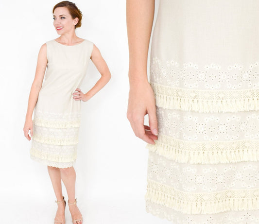 1950s Creme Cotton Fringe Sheath, Medium