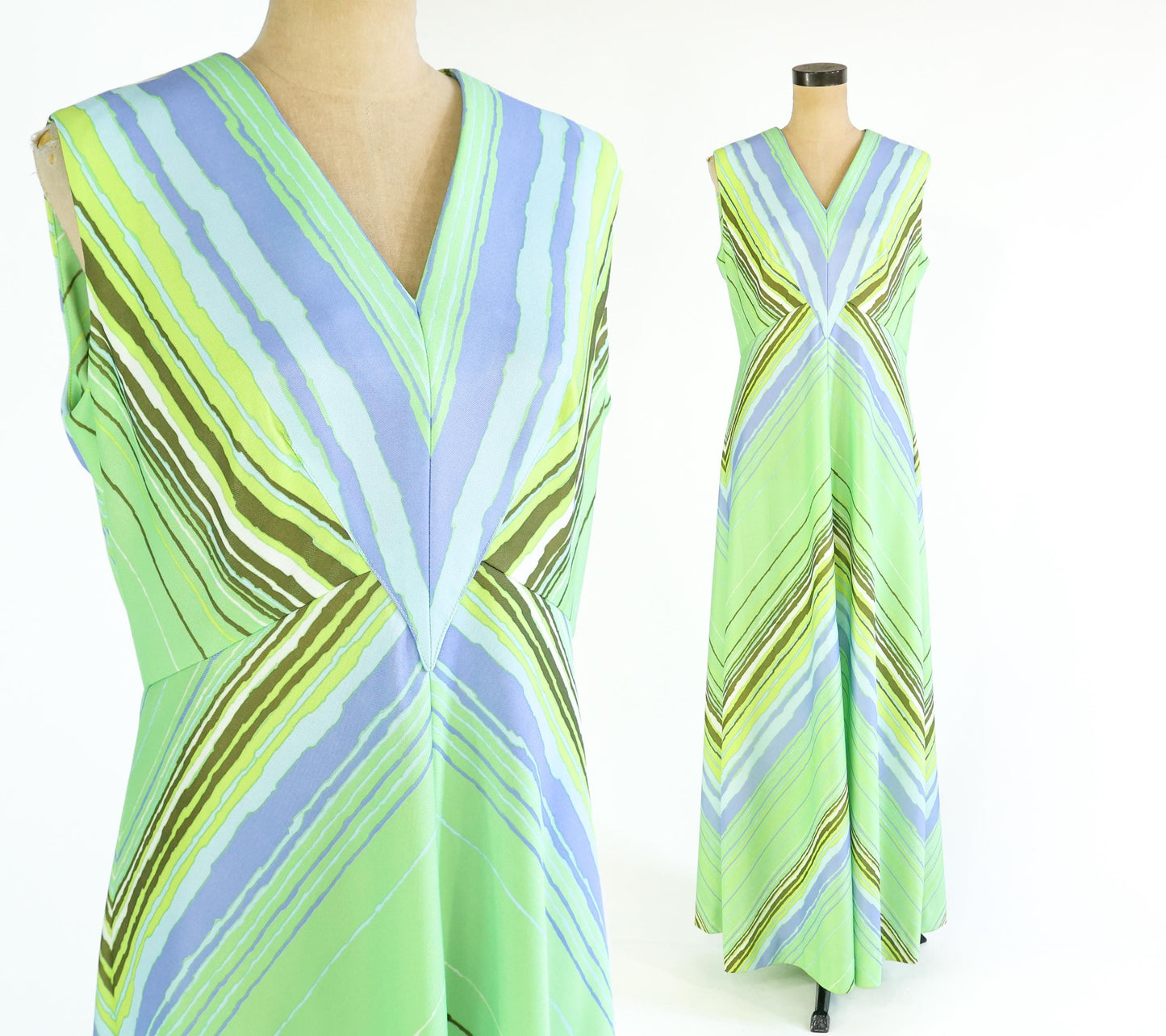 1970s Green & Blue Chevron Striped Maxi, 34" Waist