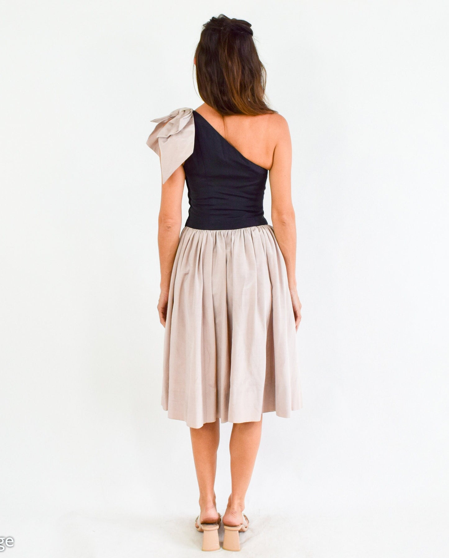 1940s One Shoulder Party Dress, Black & Pink Faille, Extra Small