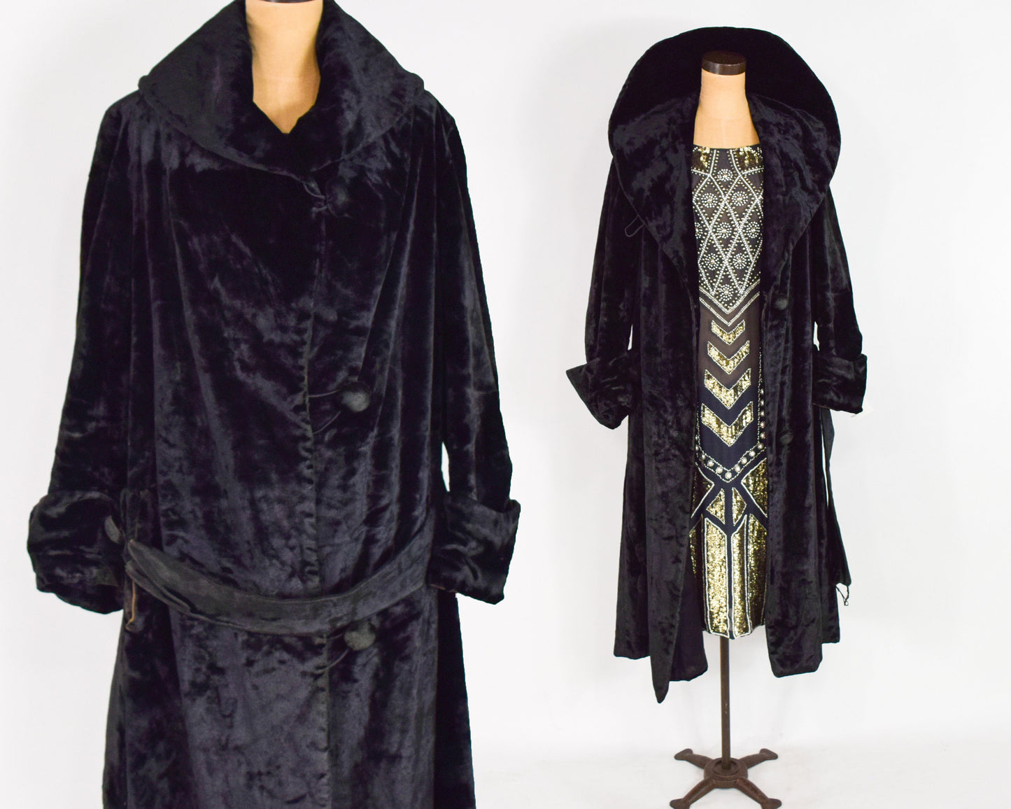 1900s Black Cotton Velvet Downton Abbey Coat with Portrait Collar, Large
