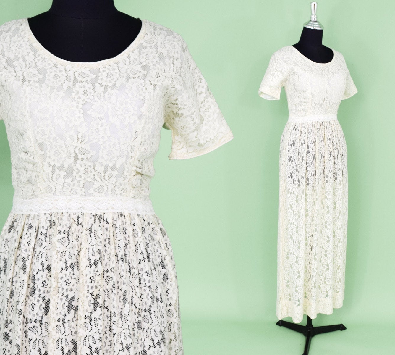 1960s Ivory Lace Long Wedding Dress
