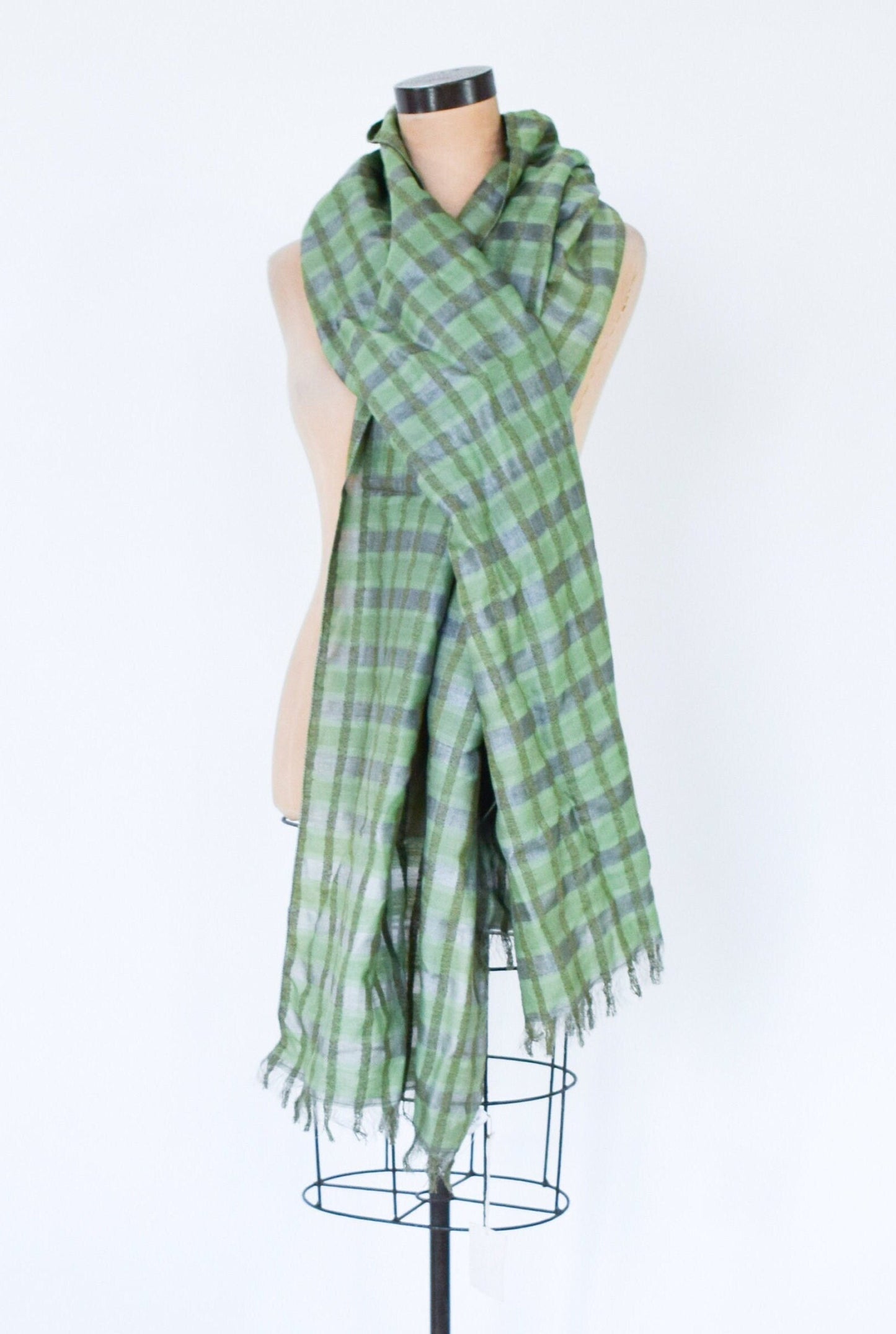 1980s Green Plaid Silk Cotton Scarf, Hand Woven in India