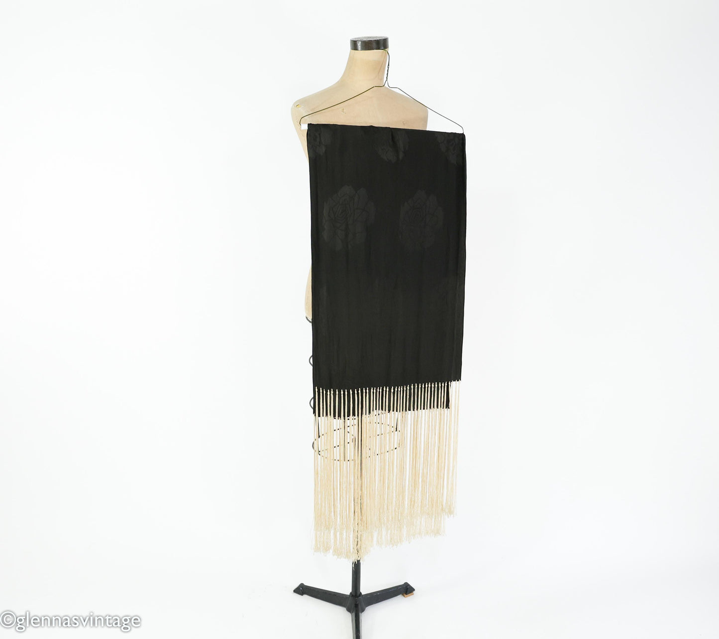 1920s Black Silk Scarf with Long Creme Fringe