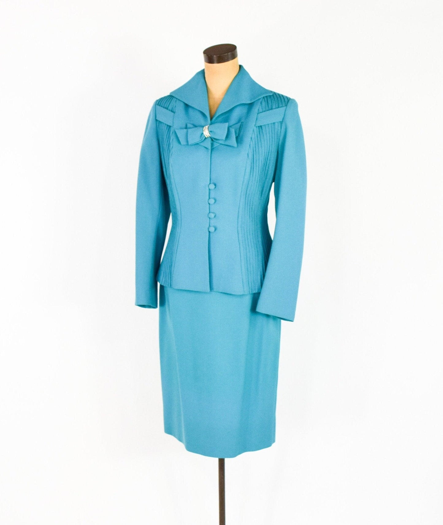 Lilli Ann | 1950s Blue Wool Crepe Suit | 50s Turquoise Blue Wool Crepe Suit | Lilli Ann | Medium