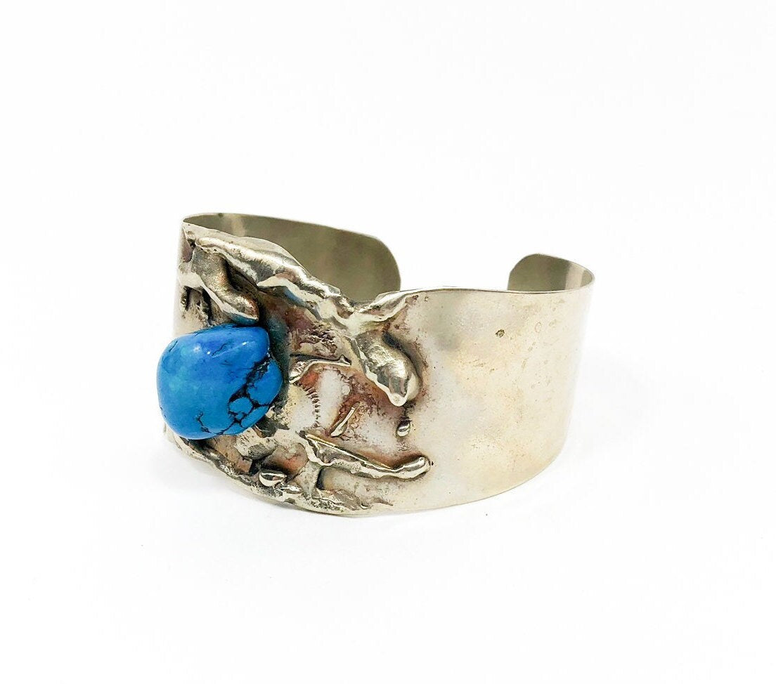 1960s Turquoise Nugget Silver Bracelet | 60s Alpaca Silver Cuff