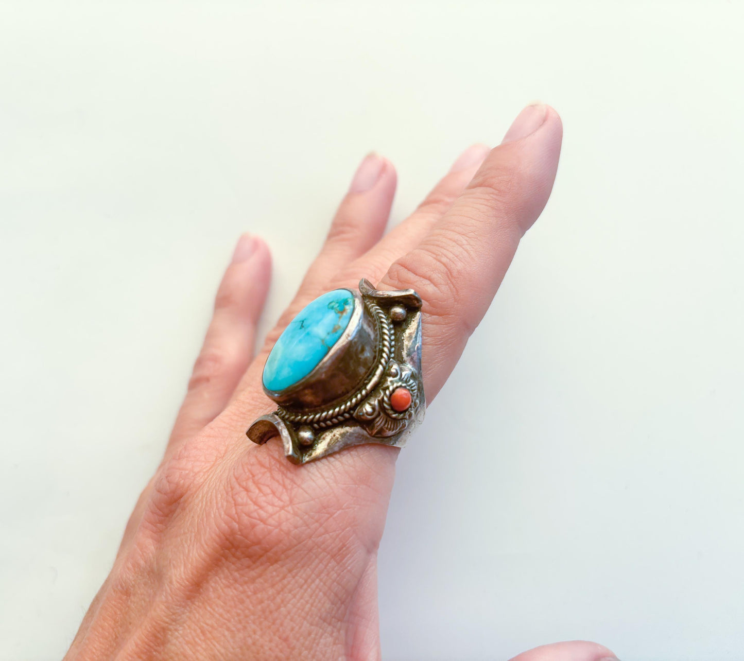 1940s Sterling Silver Turquoise Ring, Statement Large Silver Setting, Size 9