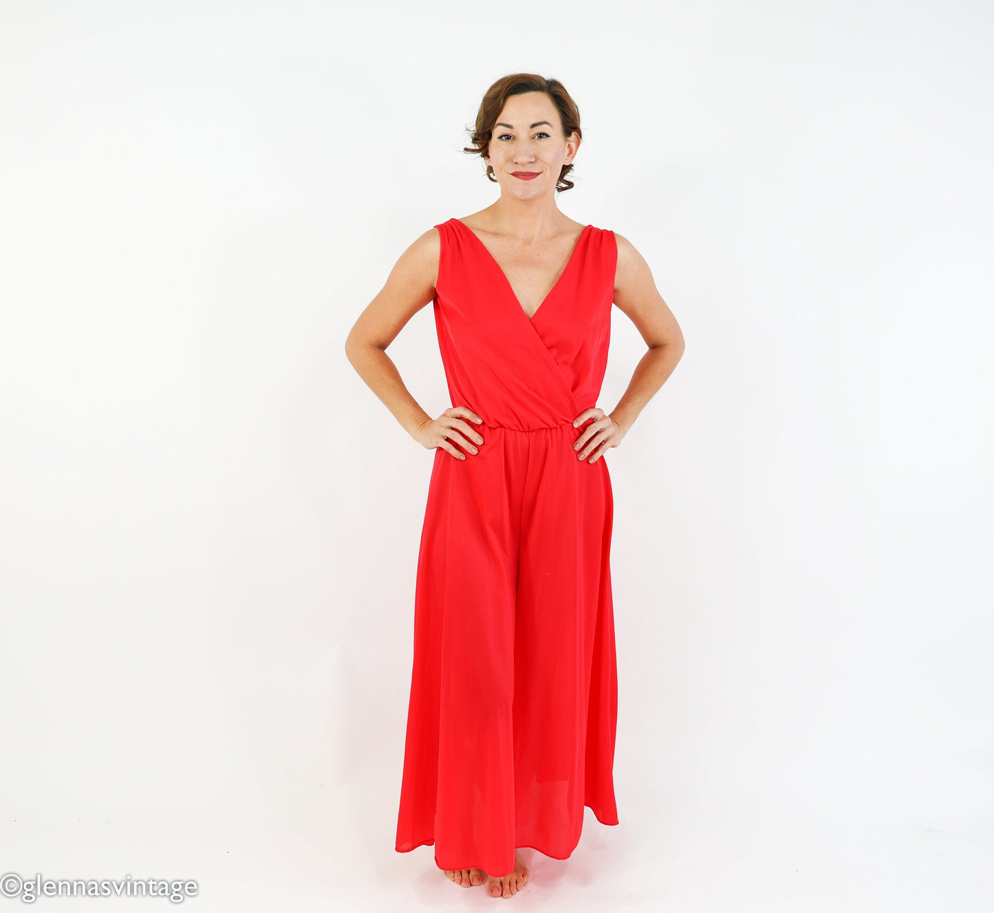 1970s Red Nylon Jumpsuit | 70s Red Loungewear | Jer Marai | Medium