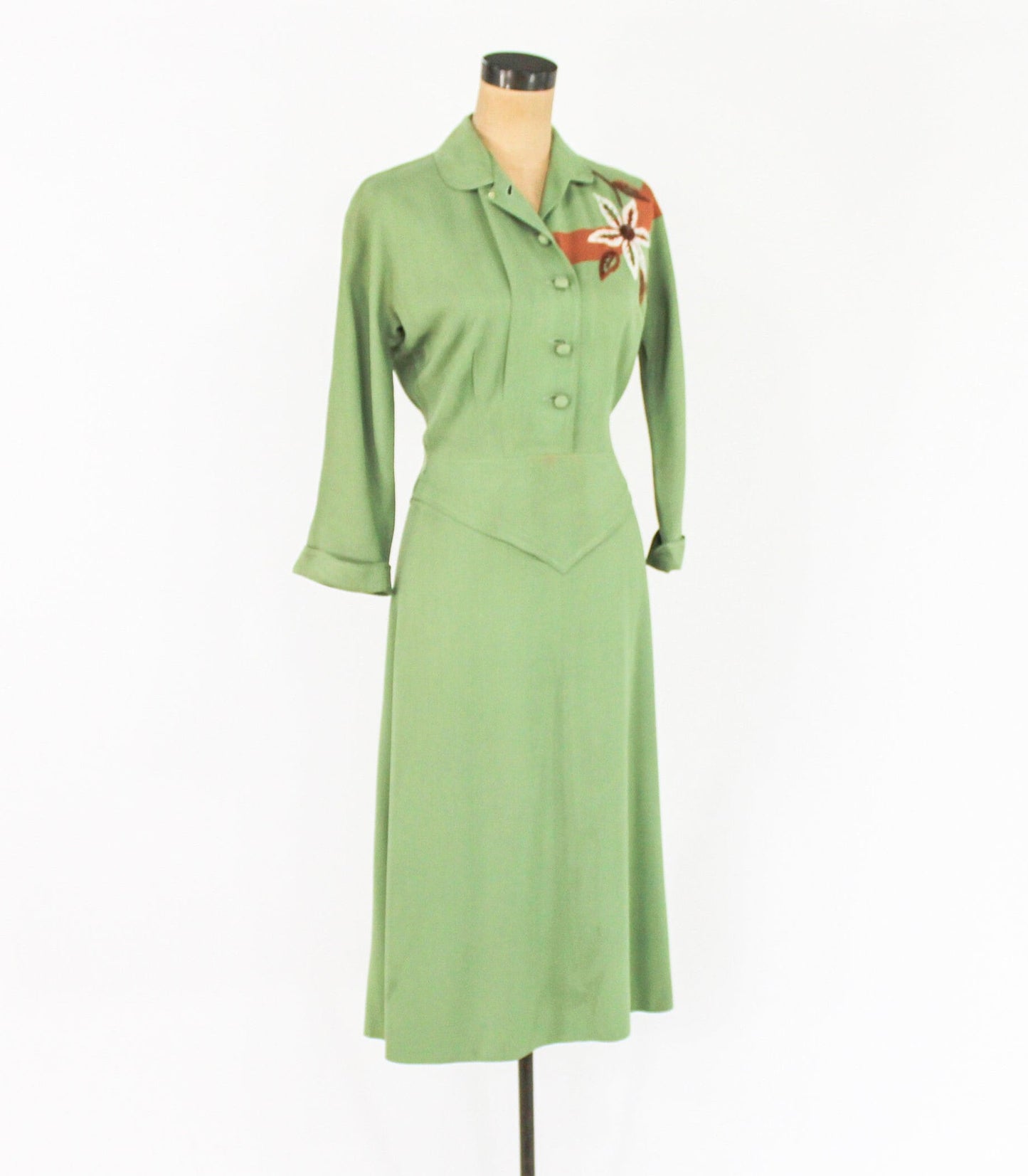 1940s Green Cotton Dress | 40s Green Embroidered Dress | Old Hollywood | Small