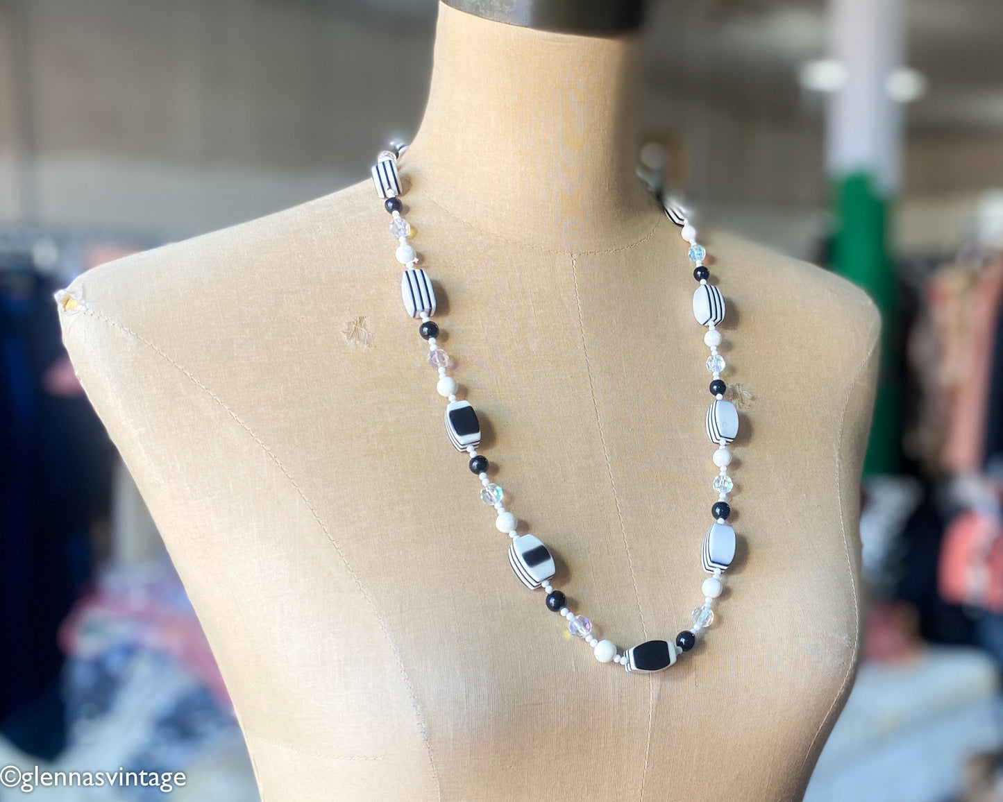 1960s Black & White Plastic Long Beaded Necklace | 60s Black White Crystal Bead Necklace