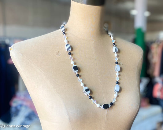 1960s Black & White Plastic Long Beaded Necklace | 60s Black White Crystal Bead Necklace