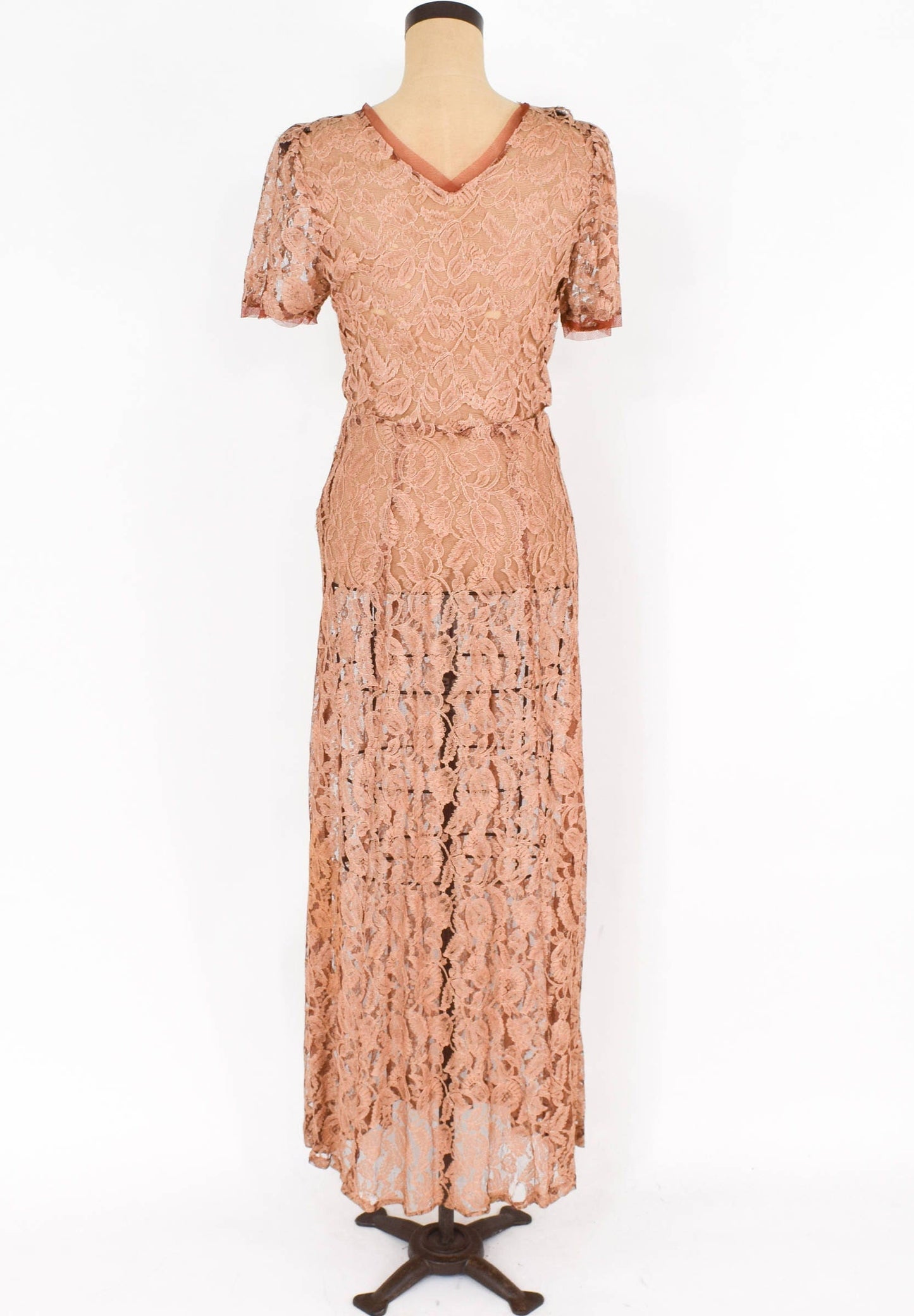 1930s Peach Floral Lace Dress, Evening Gown (Study Piece), Medium