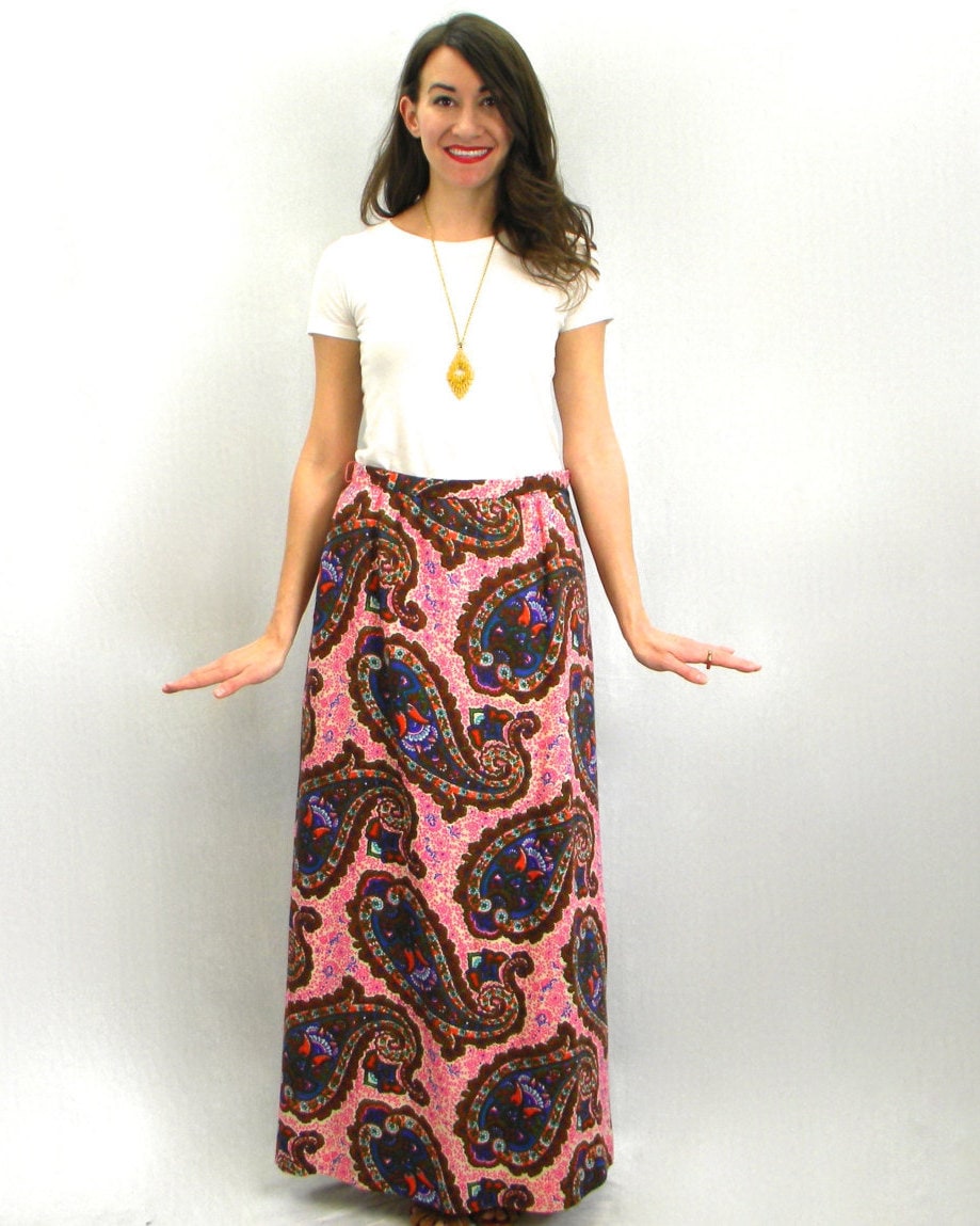 1970s Pink Paisley Maxi Skirt | 70s Pink Paisley Woven Wool Skirt | Nelly De Grab N.Y. | Medium