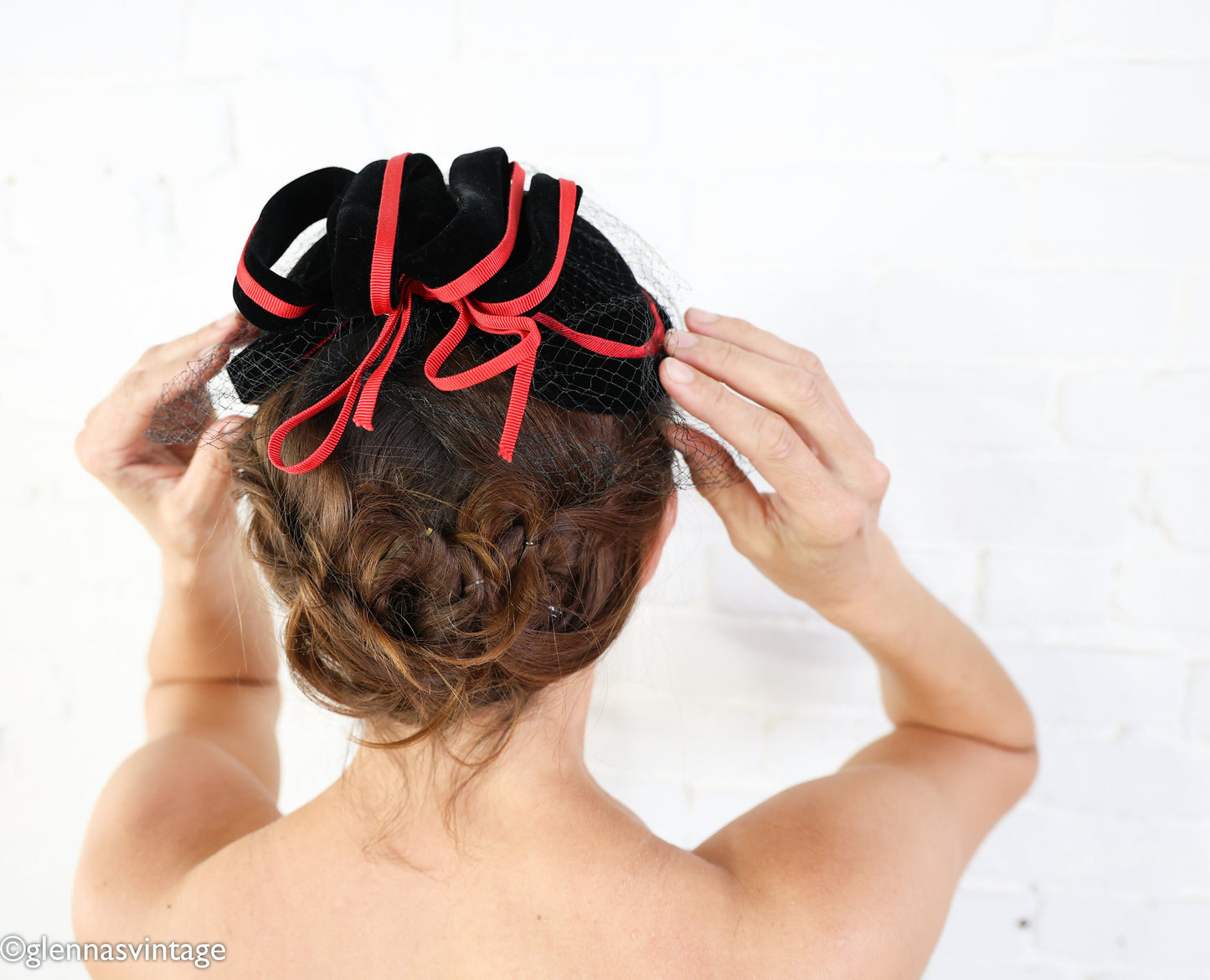 1950s Black Velvet Cocktail Hat, Red Trim Fascinator