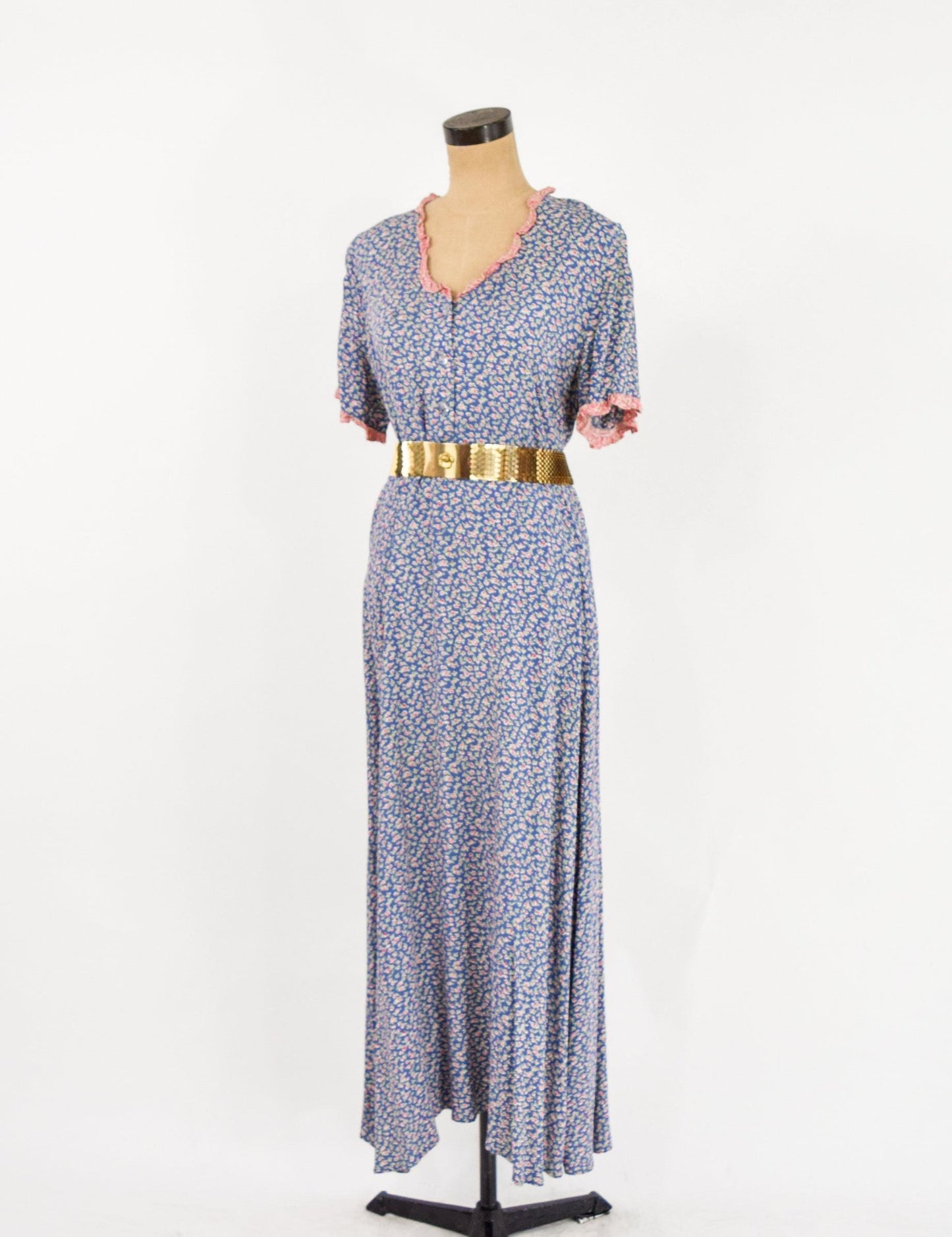 1990s Blue Flowered Dress | Bias Cut Dress, Medium