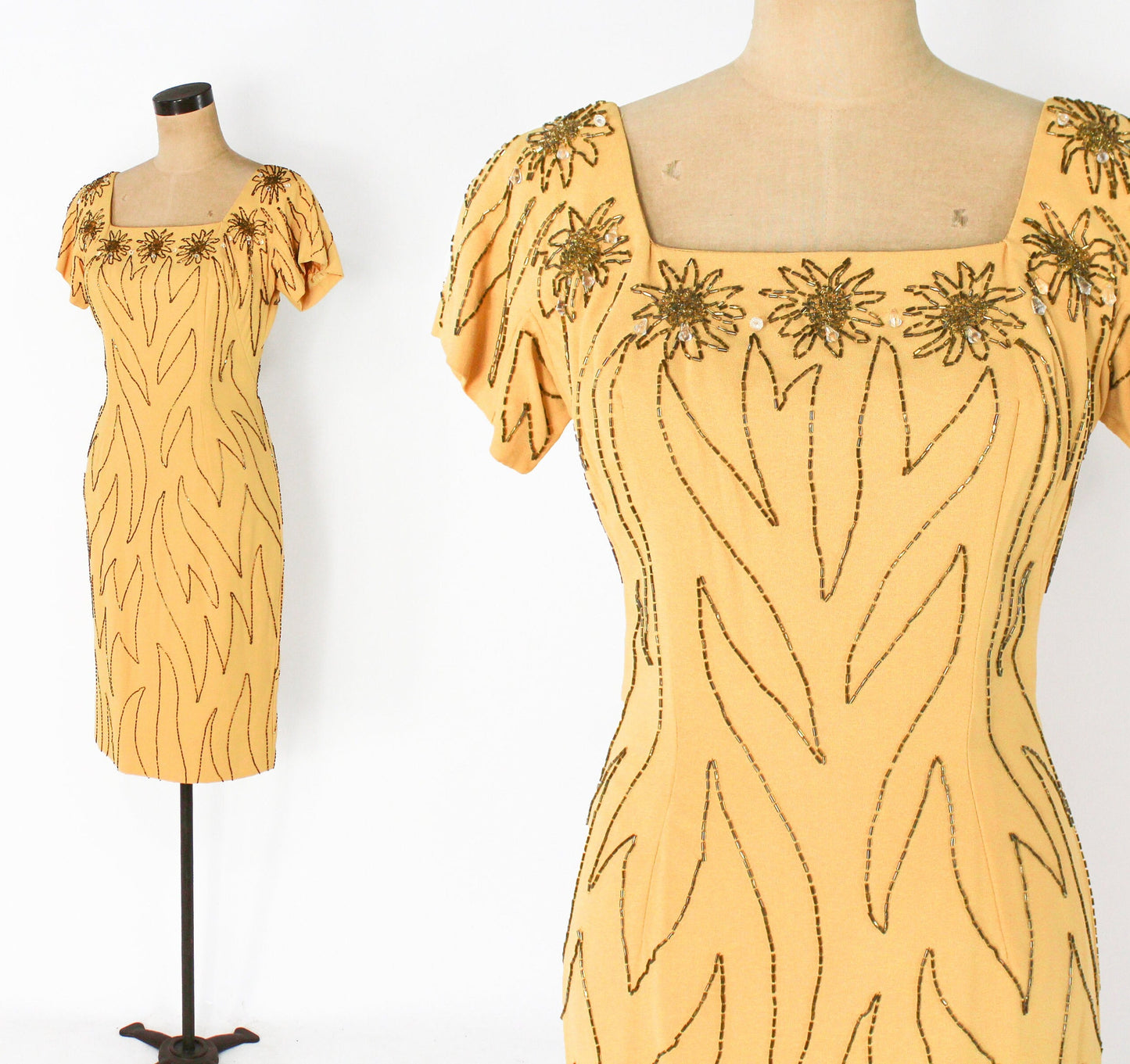 1950s Yellow Beaded Cocktail Dress, Small