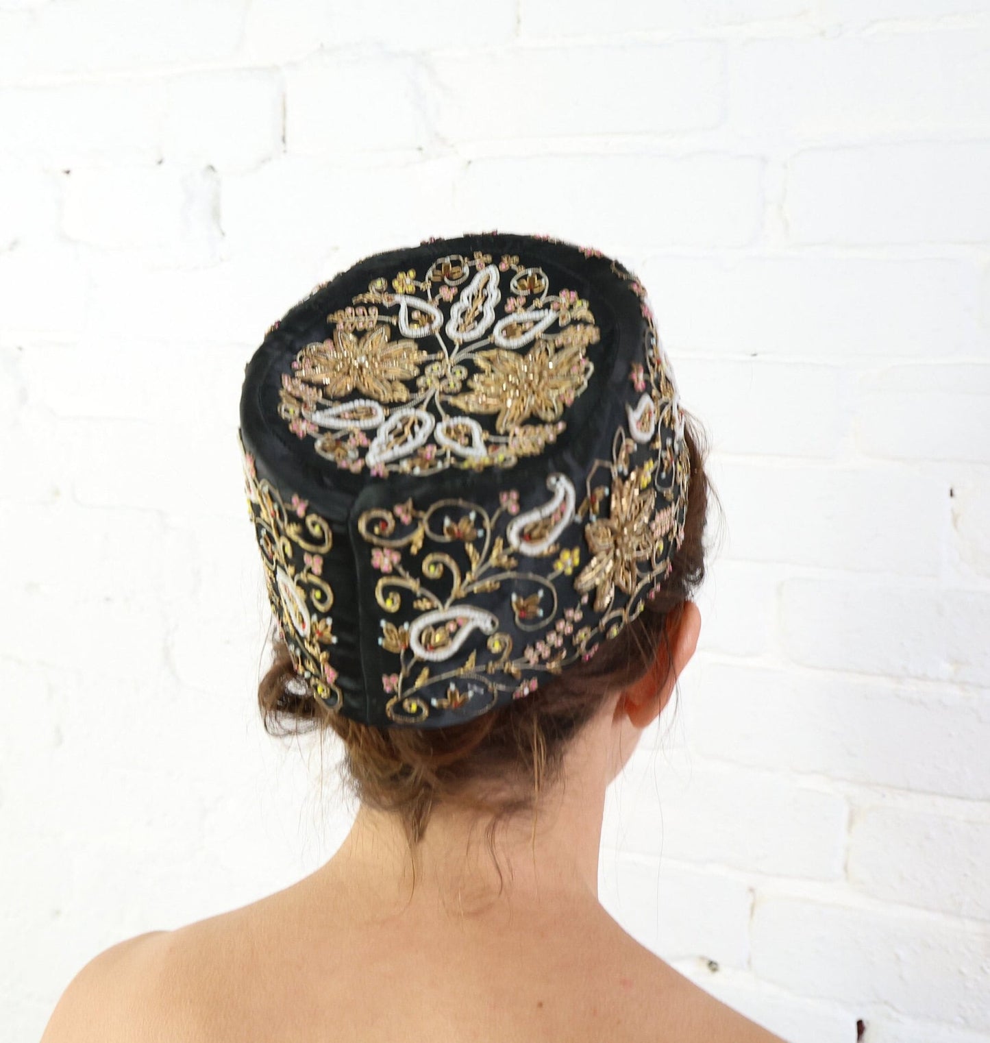 1950s Black Silk Pillbox Hat with Gold Embroidery