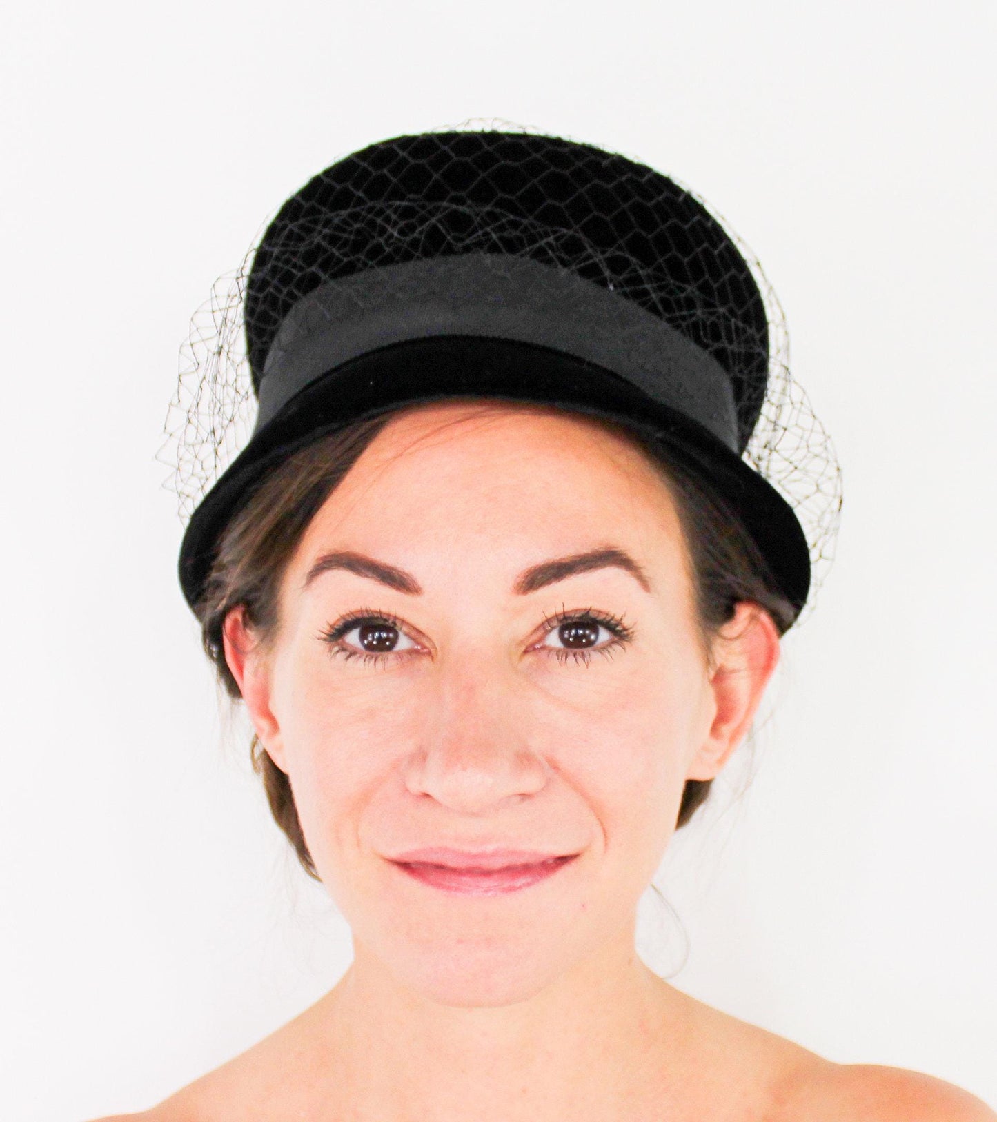 1960s Black Velvet High Crown Hat, Jackie O Style
