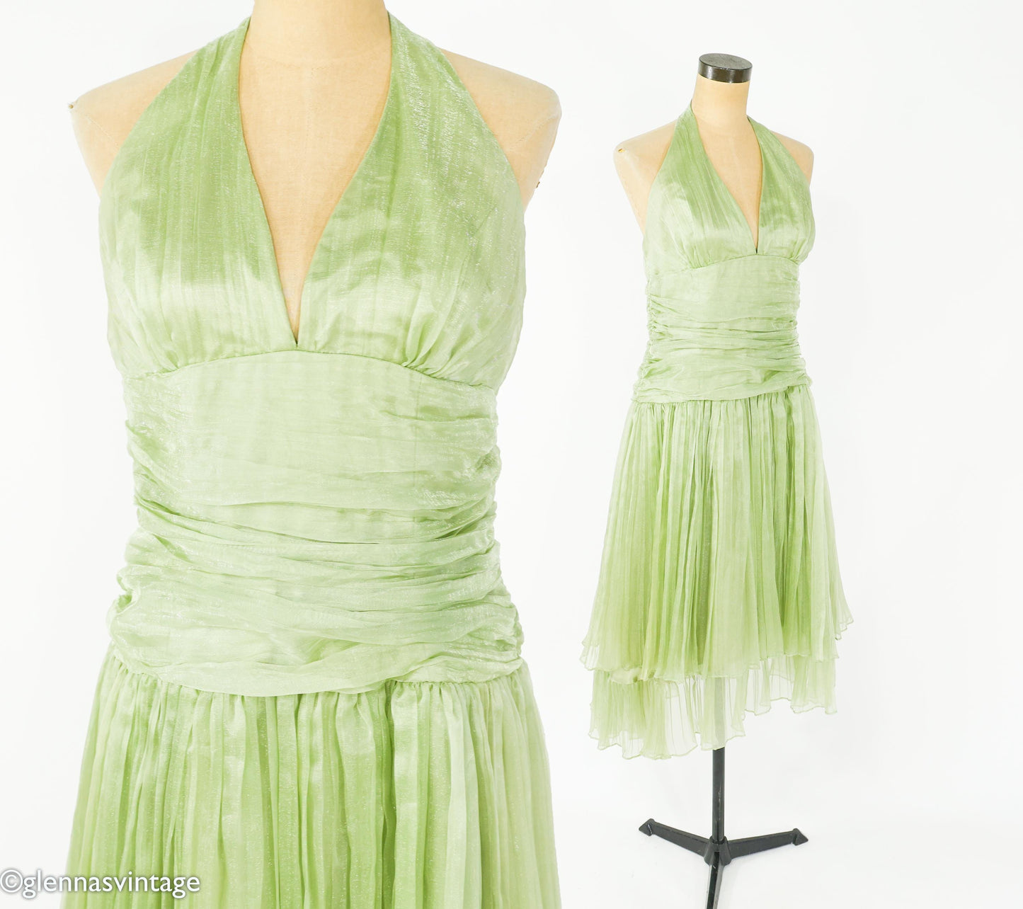1990s Green Halter Evening Gown Dress, Medium