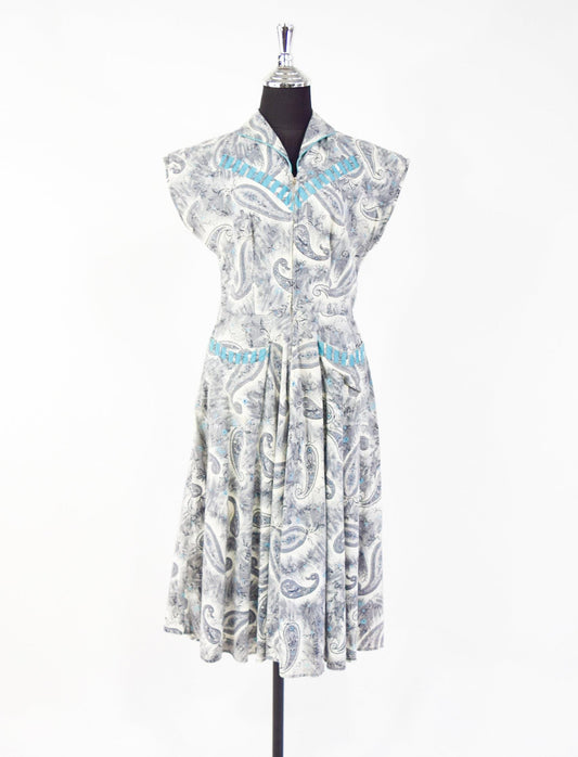 Vintage 1950s Paisley Print Dress, Turquoise Accents, Full Skirt, Size Medium