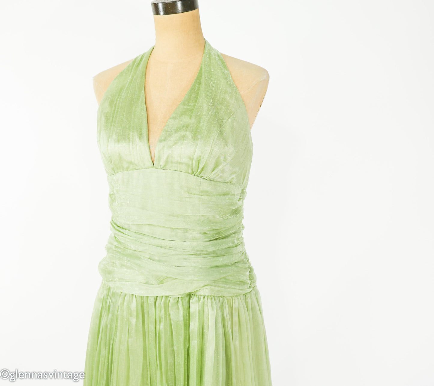 1990s Green Halter Evening Gown Dress, Medium