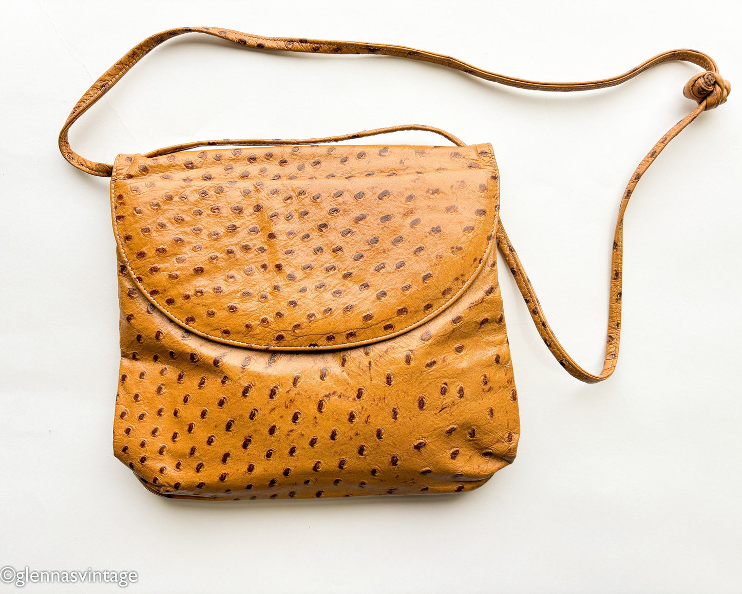 1980s Ostrich Embossed Leather Shoulder Bag | 80s Ostrich Carmel Leather Purse