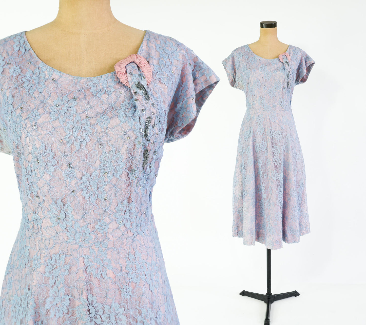 1940s Lavender & Blue Lace Cocktail Dress, 34" Waist