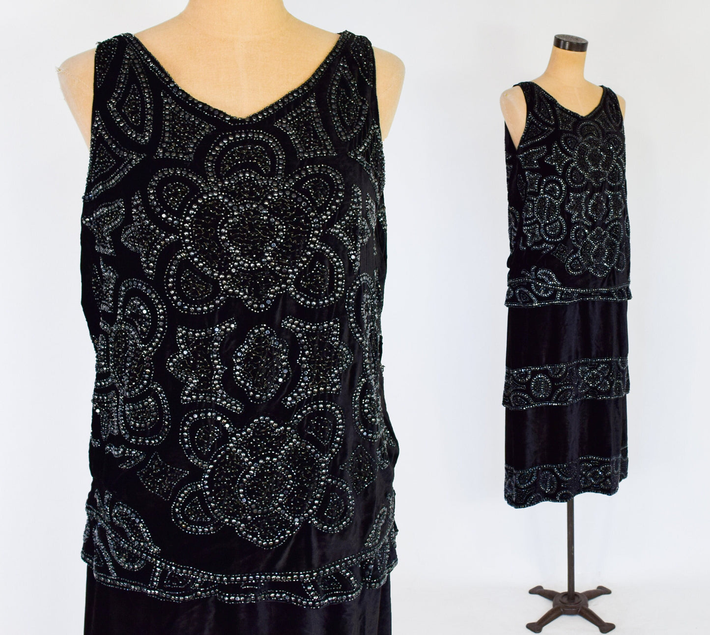 1900s Beaded Black Velvet Evening Set Dress, Downton Abbey, Gatsby