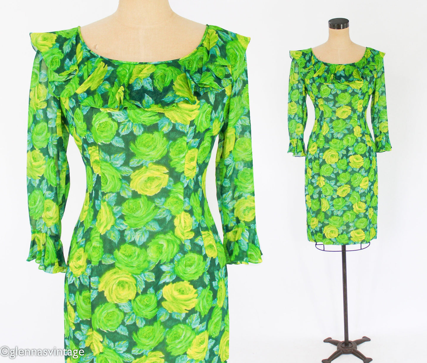 1950s Lime Green Rose Print Chiffon Dress by Elinor Gay, Medium