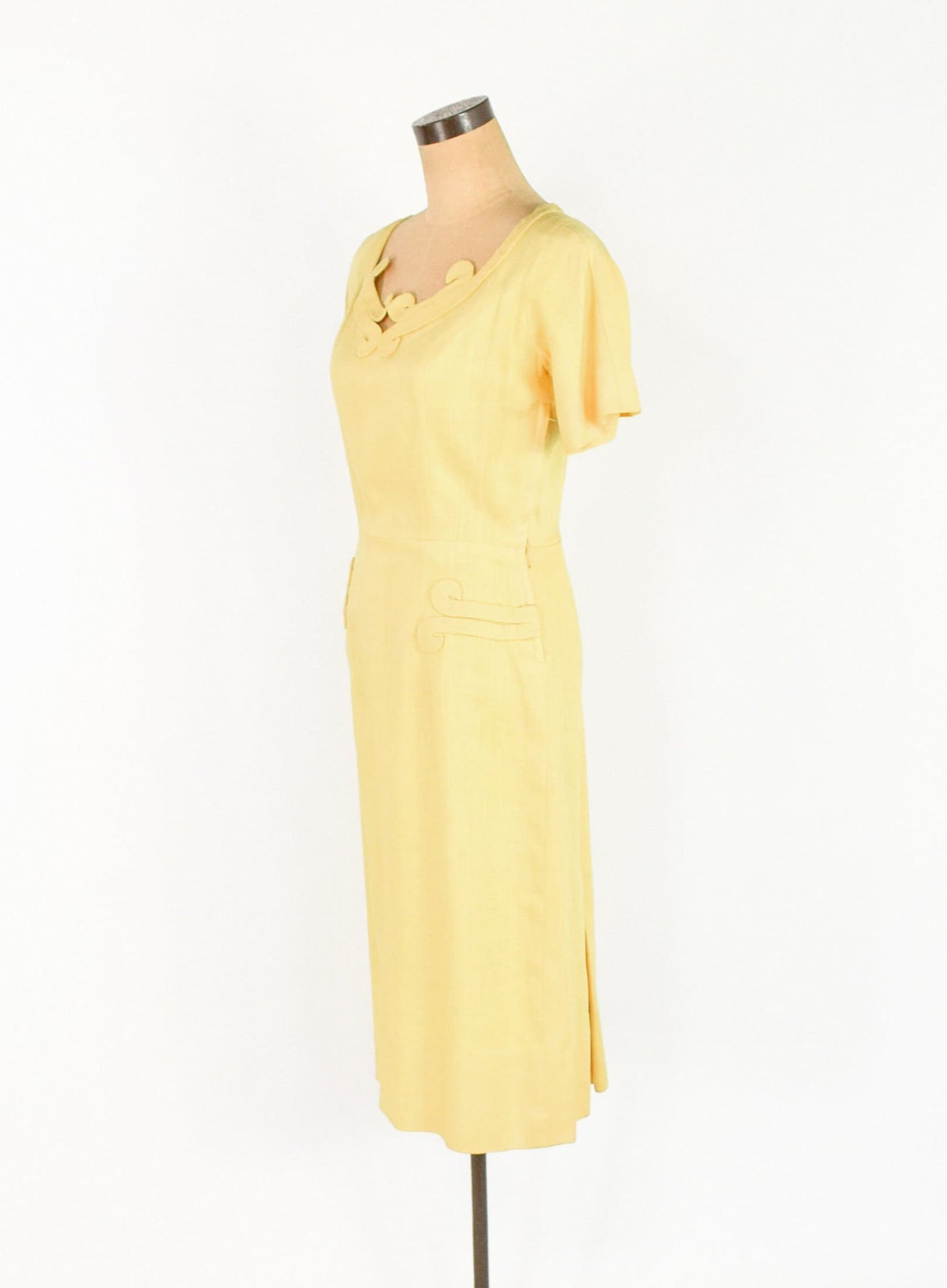 1950s Yellow Linen Dress | 50s Butter Yellow Linen Dress | Bombshell | Pin Up | Paul Parnes | Medium