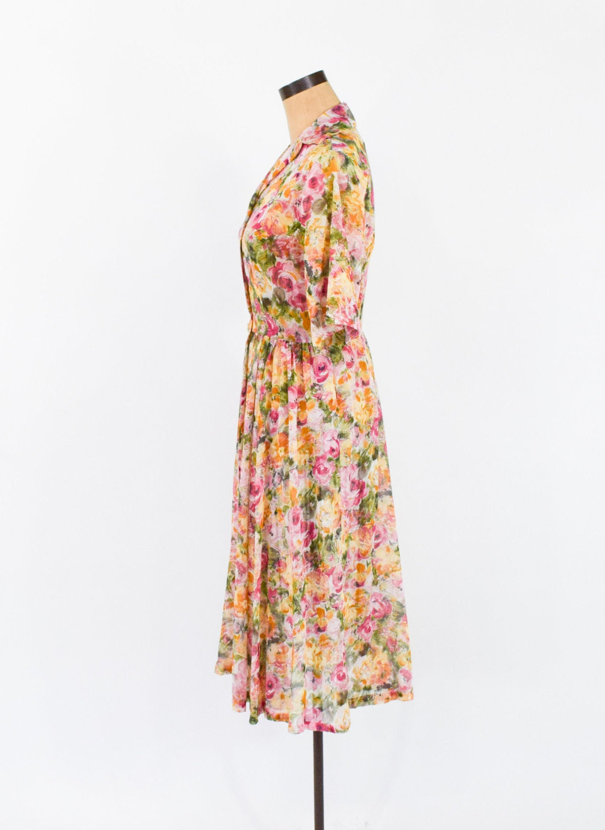 1950s Floral Cotton Shirtwaist Dress | Orange Sheer Fabric, Medium