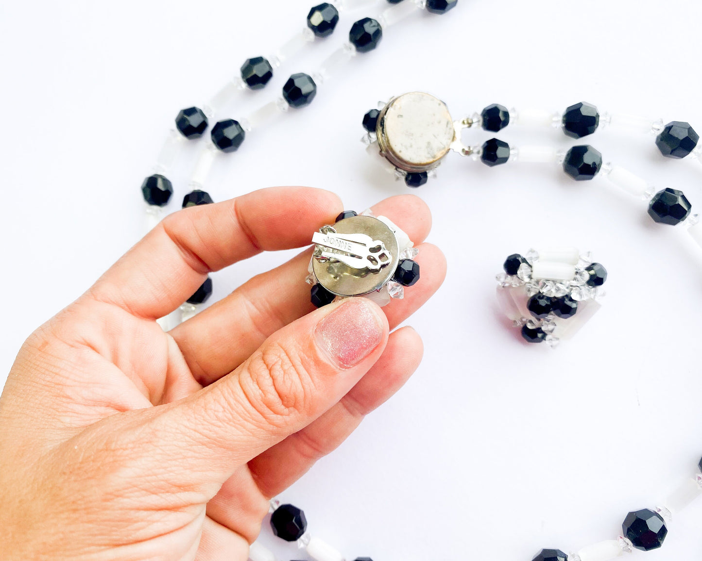 1960s Black & White Crystal Necklace Set | Black White Crystal Necklace Earrings
