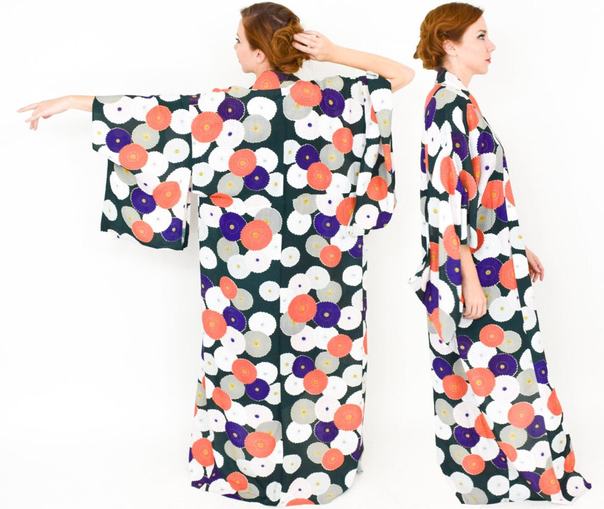 Floral Chrysanthemum Kimono Robe | Green, Orange, Purple