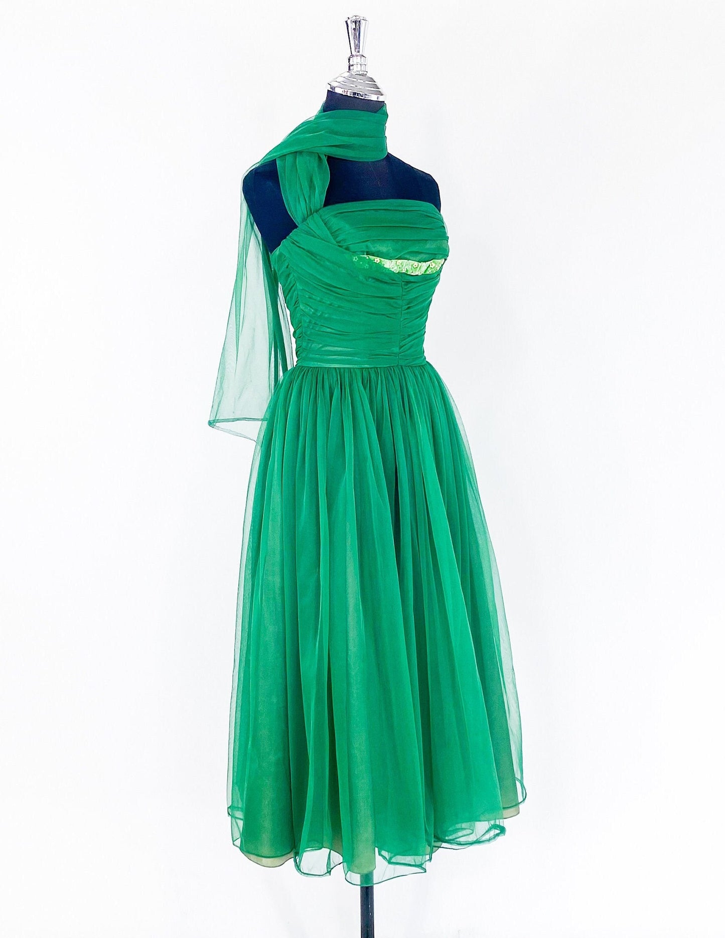 1950s Emerald Green Evening Dress, Extra Small