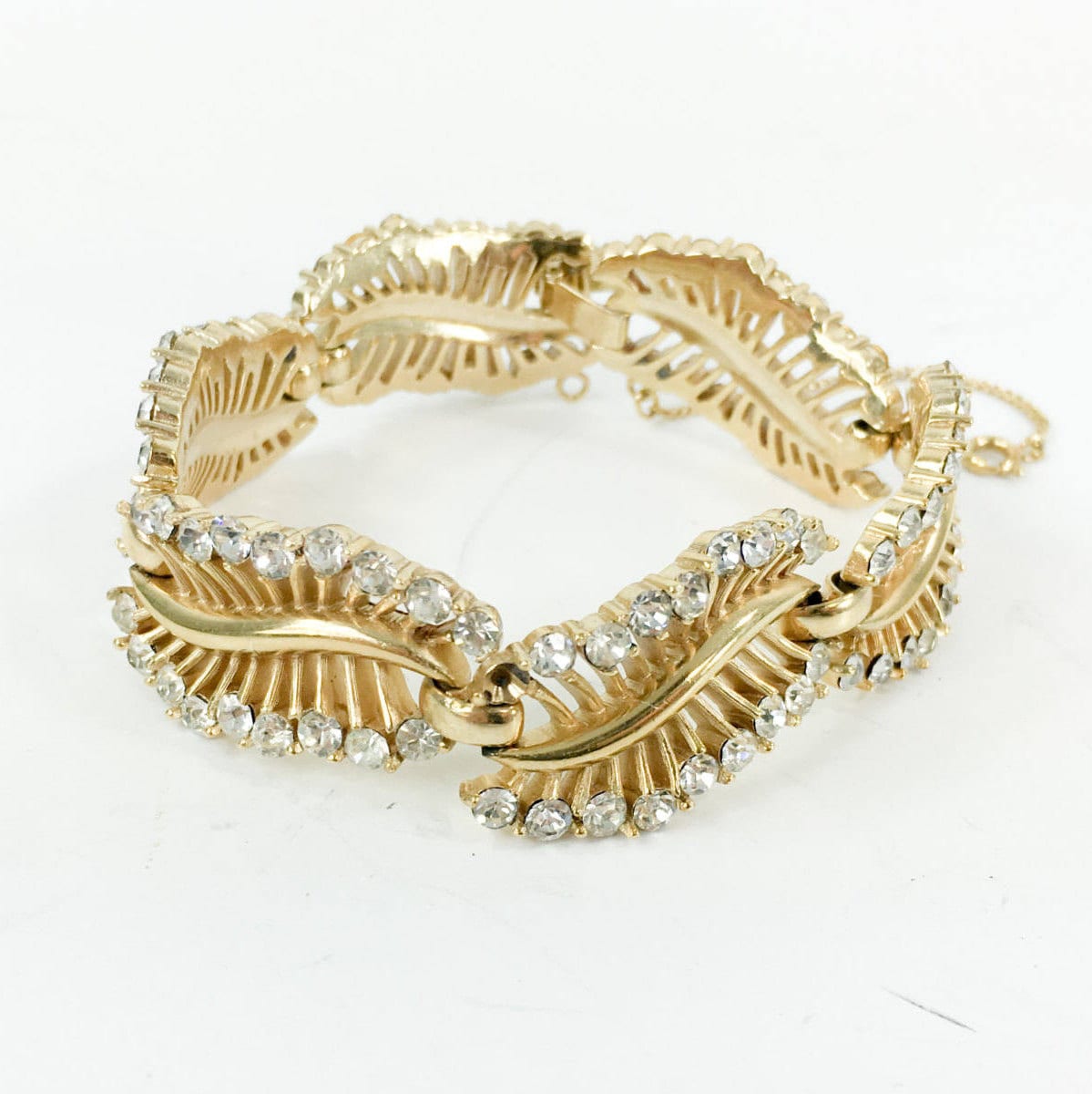1950s Trifari Rhinestone & Gold Leaf Bracelet