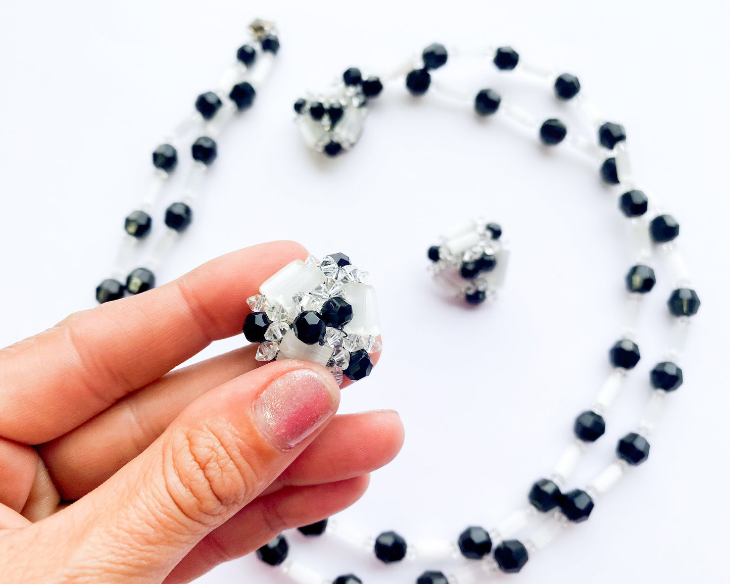 1960s Black & White Crystal Necklace Set | Black White Crystal Necklace Earrings