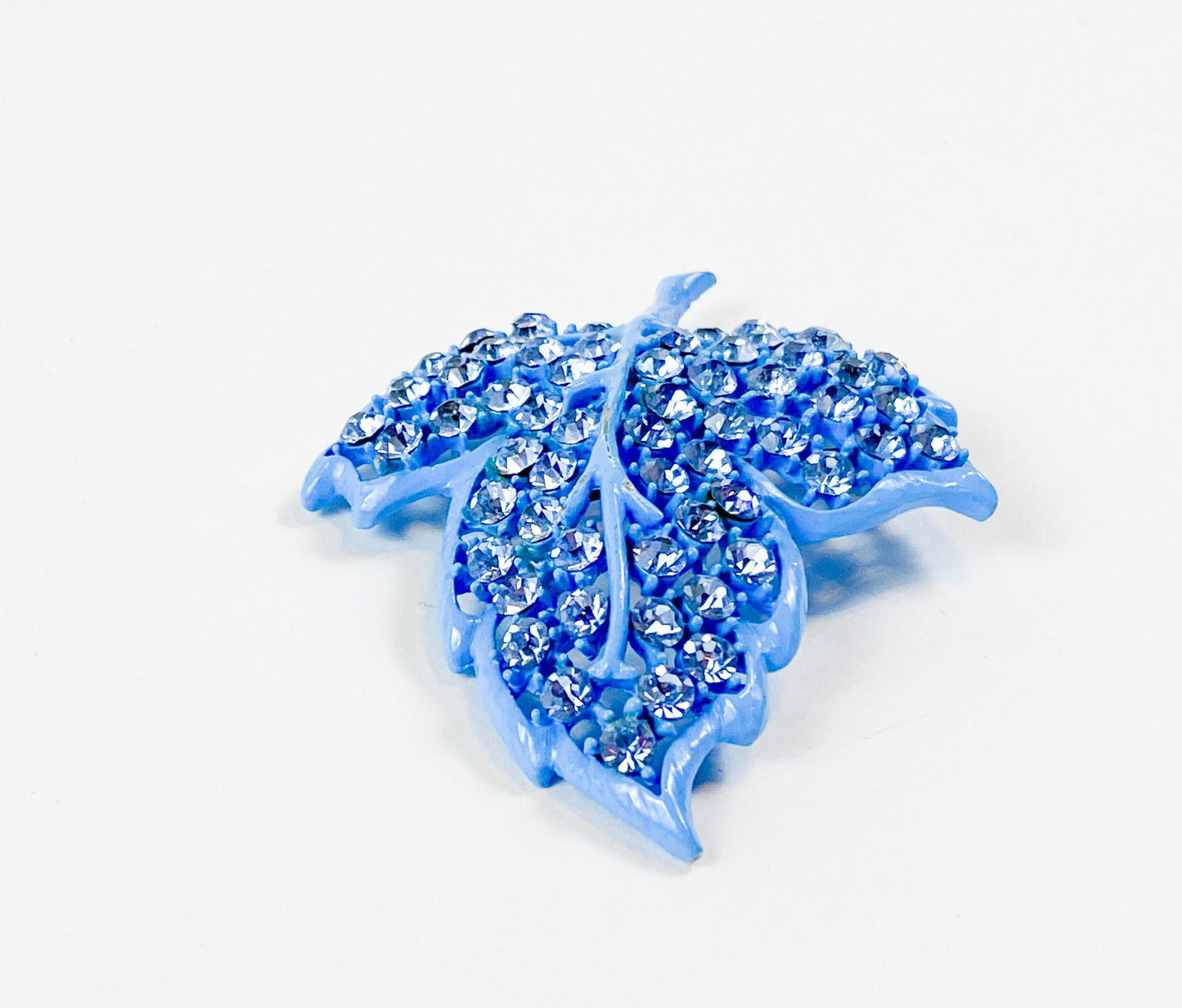 Weiss | 1960s Blue Rhinestone Leaf Brooch | 60s Blue Enamel & Rhinestone Pin | Weiss